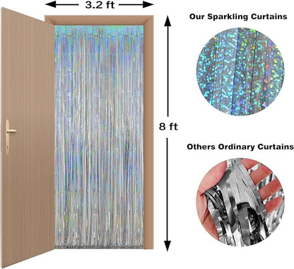 Foil Fringe Curtains Christmas Decorations - Melsan 3 Pack 3.2 x 8.2 ft Silver Tinsel Curtain Photo Backdrop for Birthday Party or Disco Party Decorations