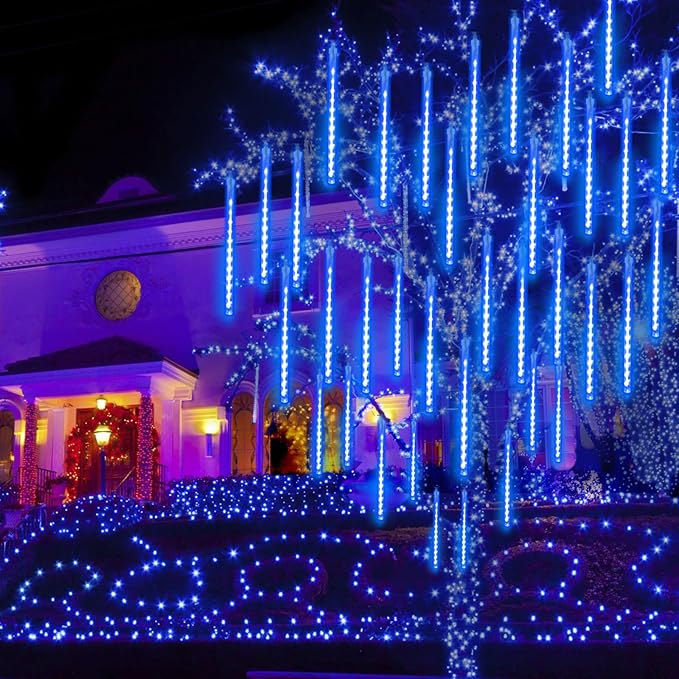 2 Pack Christmas Decorations Lights Outdoor, Extendable Meteor Shower Lights with Timer, Total 384LED 30cm 16 Tubes Indoor Outdoor Rain Light Cascading String Light for Xmas Garden Party Decor (Blue)