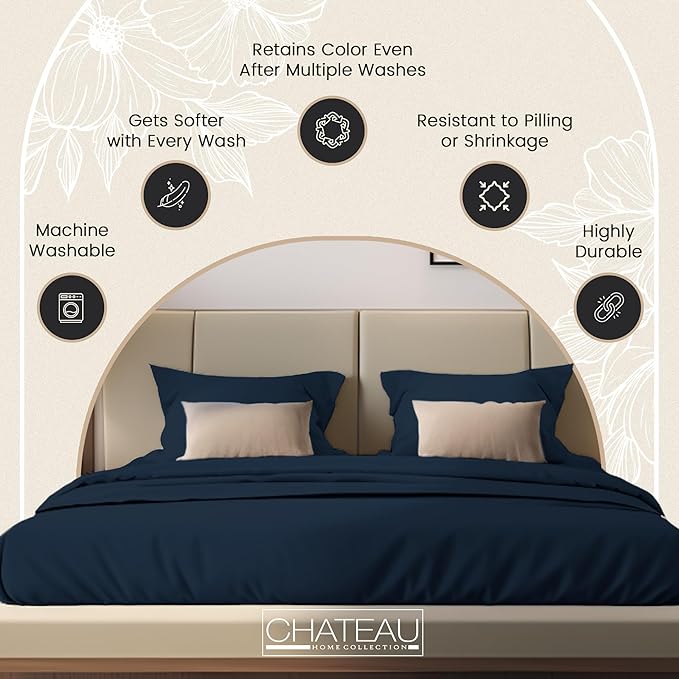 100% Organic Cotton Sheets Queen Size Set, 300 TC Deep Pocket Queen Sheets Set, Soft Breathable Sateen Weave 4 PC Elasticated Sheet & Pillowcase Sets, No Pill & Shrink, Fade Resistant- navy