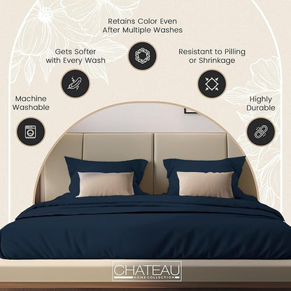 100% Organic Cotton Sheets Queen Size Set, 300 TC Deep Pocket Queen Sheets Set, Soft Breathable Sateen Weave 4 PC Elasticated Sheet & Pillowcase Sets, No Pill & Shrink, Fade Resistant- navy