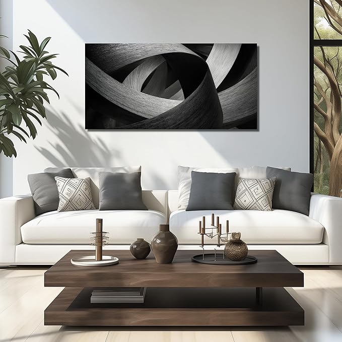 JuhaiArt Abstract Canvas Art for Living Room Bedroom Office Black Wall Decor Gray Picture Artwork 24" x 48" Lines Prints