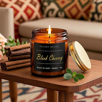 Black Cherrry Scented Candle for Home, Natural Soy Wax Aromatherapy Non Toxic Candle Gifts for Women & Men, Handmade Highly Scented & Long Lasting Jar Candle for Stress Relief (9oz)