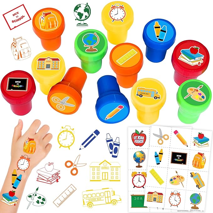 36PCS Back to school Party Favors - 24PCS Pre-Cut Temporary Tattoos & 12PCS Stamps - Ideal Welcome First Day Of School Themed Birthday Card Decorations Supplies Goodie Bag Kids Gifts Classroom Rewards