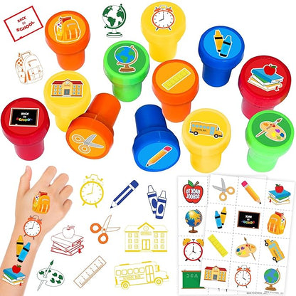 36PCS Back to school Party Favors - 24PCS Pre-Cut Temporary Tattoos & 12PCS Stamps - Ideal Welcome First Day Of School Themed Birthday Card Decorations Supplies Goodie Bag Kids Gifts Classroom Rewards