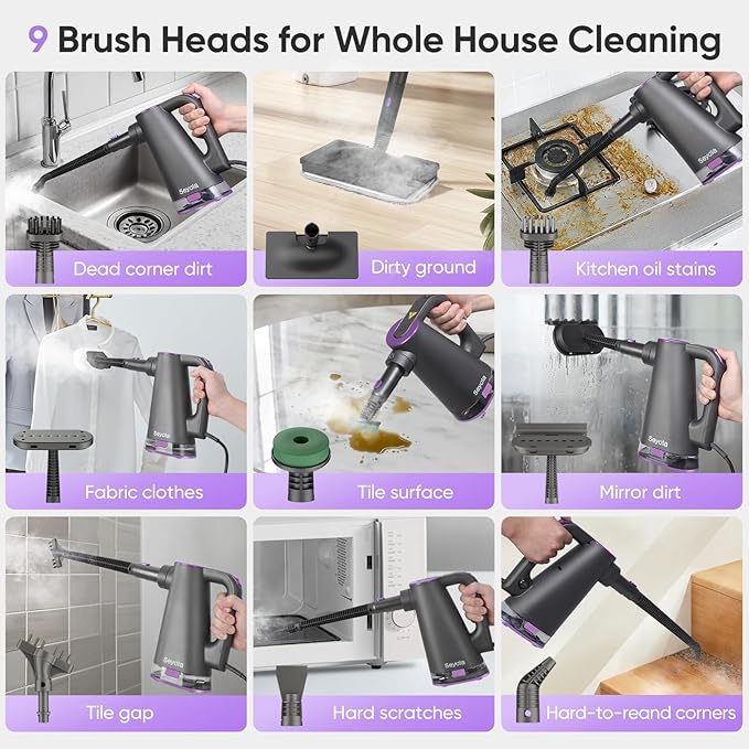 Steam Mop Cleaner for Hardwood Floor Cleaning, Hands-free Steamer Cleaner Handheld with 9-in-1 Multi-purpose Attachments for Bathroom, Windows, Sofas, Clothes, Tiles Grout (Purple-Grey)