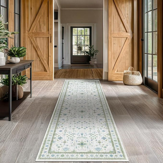 Oushak Wide Hallway Runner Rug 2'6"x8' - Vintage Turkish Floral, Washable Low Pile Non Slip Extra Long Runners for Kitchen, Hall Way - Cream Blue and Green