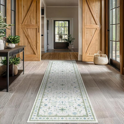 Oushak 3x10 Wide Hallway Runner Rug - Vintage Turkish Floral, Washable Low Pile Non Slip 10ft Long Runners for Kitchen, Hall Way - Light Blue and Green