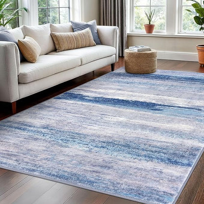 KOZYFLY Washable Area Rug 5x7 Modern Ombre Thin Rugs for Living Room Non-Slip Soft Striped Area Rug for Bedroom, Print Blue/Grey/Beige Abstract Carpet for Kid Room