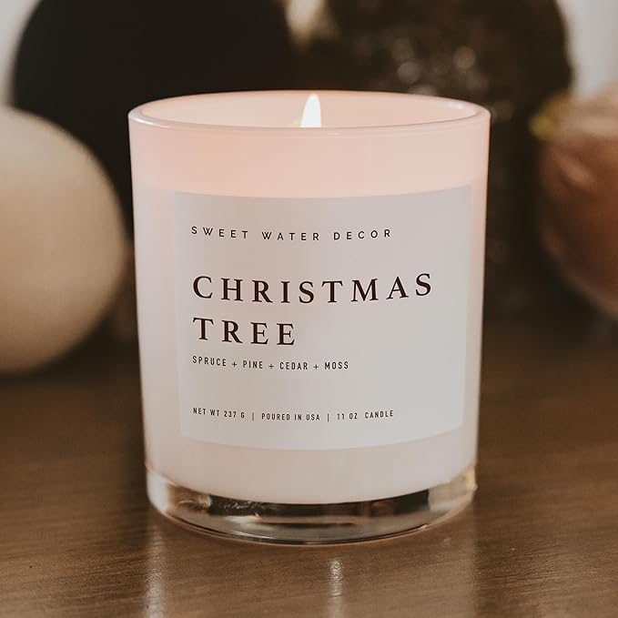 Sweet Water Decor Christmas Tree Soy Candle - Pine Needles, Cedarwood, Cypress, and Evergreen Holiday Scented Candles for Home - 11oz White Jar + Wood Lid, 50+ Hour Burn Time, Made in The USA