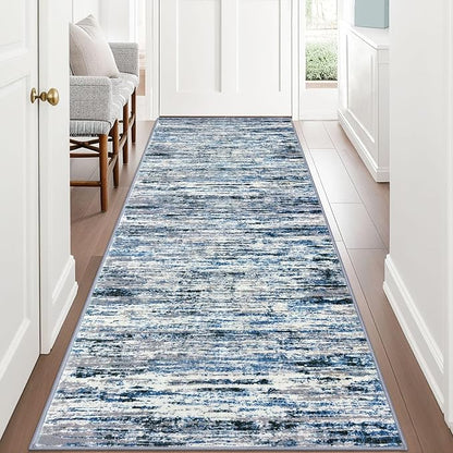 Modern Abstract Runner Rug 3x8, Grey Blue White, Washable Kitchen Runner Non-Slip Soft Hallway Rug Thin Print Faux Wool Carpet for Entryway Bedroom Laundry Room Indoor Home Office Decor
