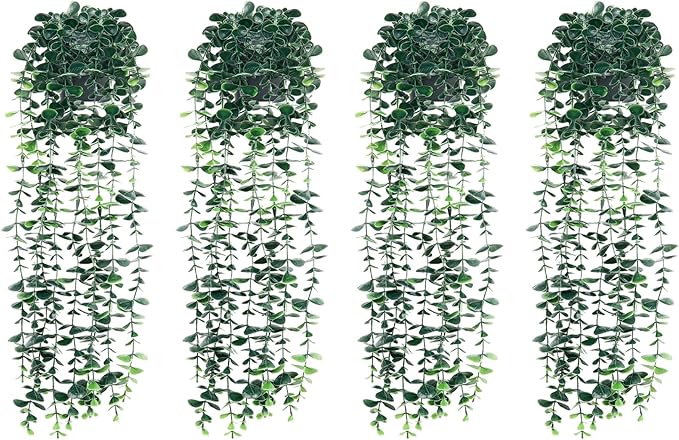 4pcs Artificial Hanging Eucalyptus Plants，Fake Plants Eucalyptus Small Decor Faux Hanging Vine Plants Wall Greenery for New Home Decoration，for Floating Shelf Indoor Outdoor