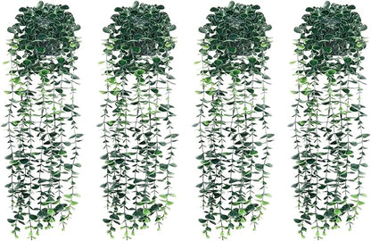 4pcs Artificial Hanging Eucalyptus Plants，Fake Plants Eucalyptus Small Decor Faux Hanging Vine Plants Wall Greenery for New Home Decoration，for Floating Shelf Indoor Outdoor