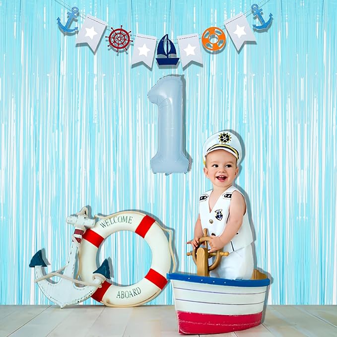BRAVESHINE Foil Fringe Curtains Backdrop - 2Pcs Pastel Blue Streamers Tinsel Backdrop for Christmas/Winter’s Snowflake/Frozen/Boy/Under Sea/Shark/Mermaid/Bachelorette/Birthdays Party Decorations