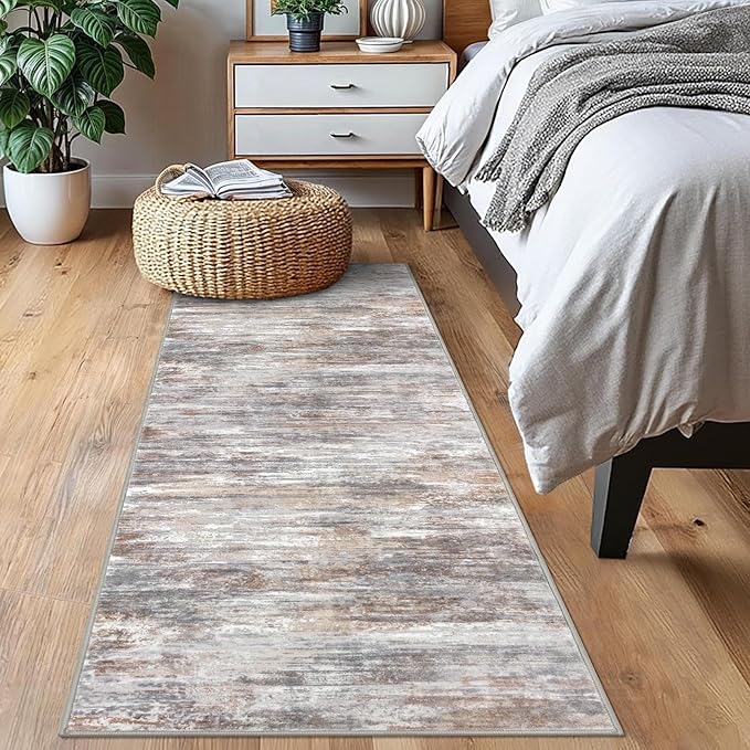 KOZYFLY Modern Abstract Kitchen Runner Rug, 2x6 Washable Rug Runner Non-Slip Soft Striped Hallway Runner Rugs, Multi Grey Print Carpet Runner for Entryway Bathroom Laundry Room Foyer