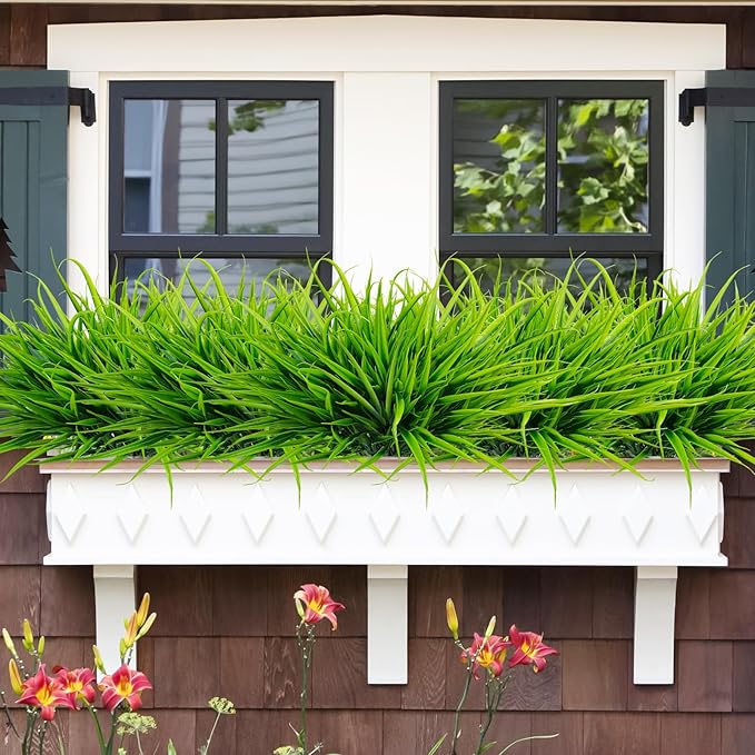 Uieke 6 Bundles Artificial Outdoor Plants UV Resistant Fake Grass Plants Faux Plastic Plants Greenery Shrubs for Home Garden Pathway Window Box Front Porch Cemetery Spring Summer Decor, Green