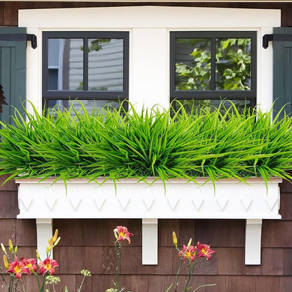 Uieke 12 Bundles Artificial Outdoor Plants UV Resistant Fake Grass Plants Faux Plastic Plants Greenery Shrubs for Home Garden Pathway Window Box Front Porch Spring Summer Decor, Green