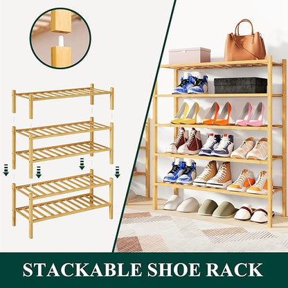 Smiry Shoe Rack, 2 Tier Bamboo Shoe Organizer, Stackable Free Standing Wooden Shoe Storage Shelf for Closet, Entryway, Front Door Entrance, Natural