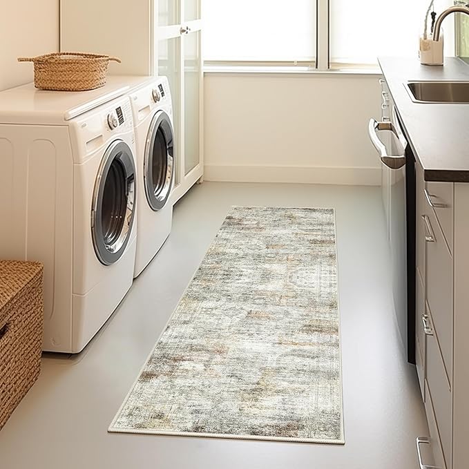 Long Bathroom Rugs Runner - Washable Runner Rugs for Hallway 2x10, Ultra-Thin Soft Kitchen Carpet Runner, Anti Slip Backing Runner Rugs for Entrance, Bedroom, Living Room(2'x10', Grey/Rust)