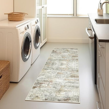 2x5 Rug Runner Washable for Entryway, Soft Bathroom Rugs with Non-Slip Backing, Abstract Low Pile Hallway Runner, Vintage Small Kitchen Carpet for Stair, Laundry Room(2'x5', Grey/Rust)