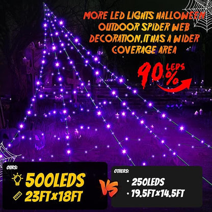 Halloween Decorations Outdoor Giant Spider Web Lights,23ft x 18ft Black Spider Web with 500 LEDs Purple,Waterproof for Halloween Yard Decorations and 8 Modes. (Black Nylon Rope and Purple LED Lights)