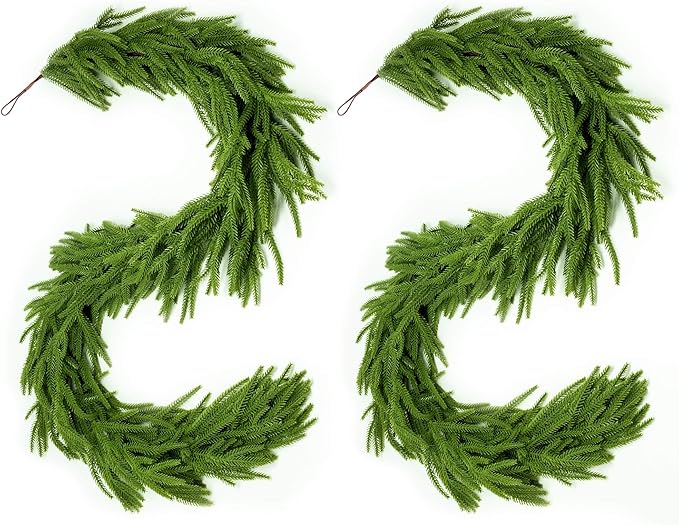 Christmas Garland 2Pcs 6ft Winter Artificial Norfolk Pine Garlands Real Touch Faux Greenery Garland for Table, Mantle, Wall, Indoor, Outdoor Christmas Decorations