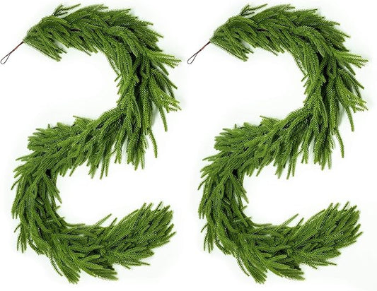 Christmas Garland 2Pcs 6ft Winter Artificial Norfolk Pine Garlands Real Touch Faux Greenery Garland for Table, Mantle, Wall, Indoor, Outdoor Christmas Decorations