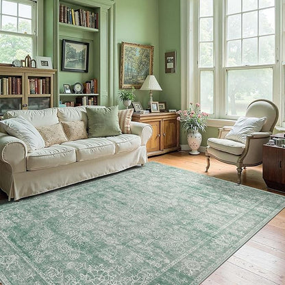 jinchan 5x7 Green Area Rugs for Living Room – Machine Washable Vintage Floral Soft Stain Resistant Low Pile Rug,Non Slip Ultra-Thin Carpet for Bedroom,Dining Room,Home Office,Nursery (5'x7',Green)