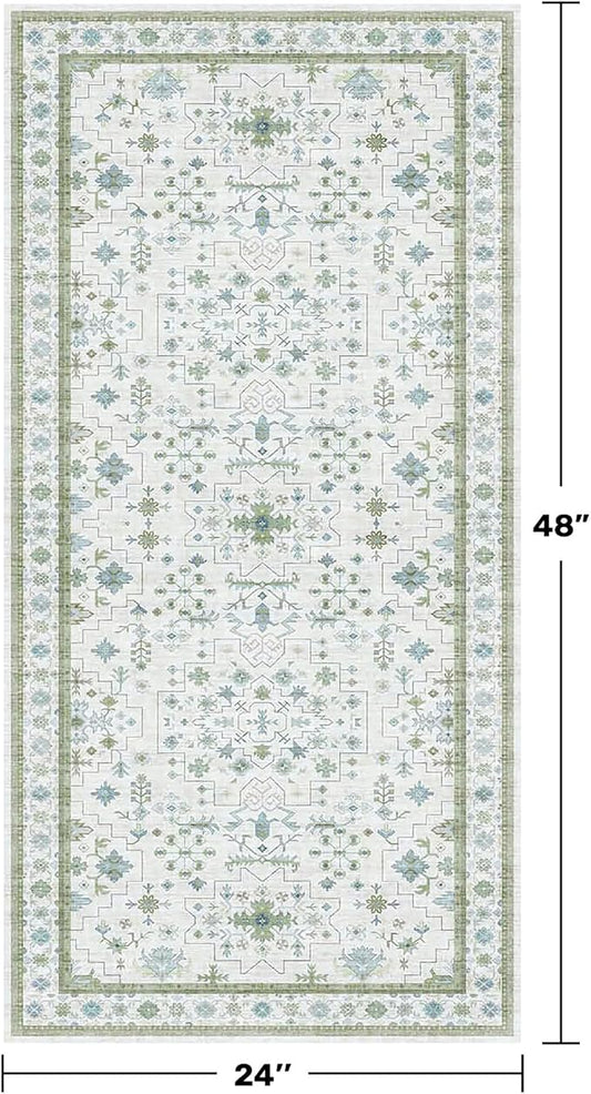 Cream Green and Blue 2x4 Boho Bathroom Rug - Oushak Floral Pastel, Washable Low Pile Non Slip with Rubber Backing Stain Resistant Entryway Rugs Indoor, Small Carpet for Kitchen, Bedroom, Laundry Room