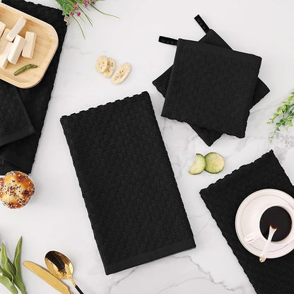 Fintale 100% Cotton Kitchen Towels and Dishcloths Set, 12 x 12 & 15 x 25 Inches, Set of 10 Bulk Super Soft and Absorbent Terry Cloth Dish Towels, Quick Drying Hand Towels with Hanging Loop, Black
