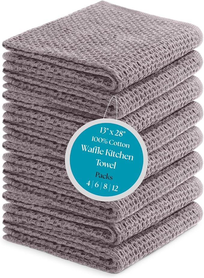 Cotton Waffle Weave Kitchen Towels - Pack of 8 (13x28 Inches) | Ultra Soft, Absorbent Dish Towels | Quick Dry Towel, Dish Cloths, Hand Towels & Dish Rags - Taupe/Grey (Kitchen Essentials)