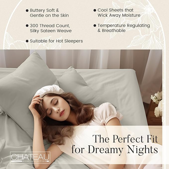 Organic Cotton Sheets Full Size Bed Set Deep Pockets, 300 TC Cotton Full Sheet Set, Soft Breathable Sateen Weave Elasticated Sheet & Pillowcase Sets, No Pill & Shrink, Machine Washable - Silver
