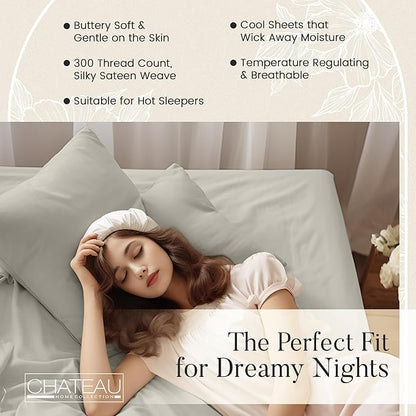 100% Organic Cotton XLTwin Sheets Set, 300TC Sateen Weave 3 PC Twin XL Bed Sheets, Fully Elasticated Sheet & Pillowcase Sets, Soft & Comfy No lint Machine Washable Fade Resistant- Silver