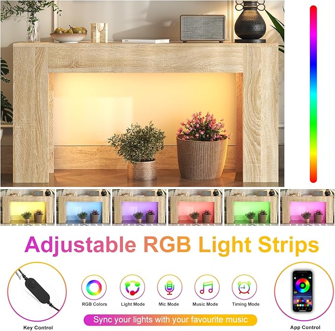 63-Inch Long Console Table with LED Light, Farmhouse Sofa Table Behind Couch, Wooden Console Table for Entryway Hallway Entrance Living Room, Nature