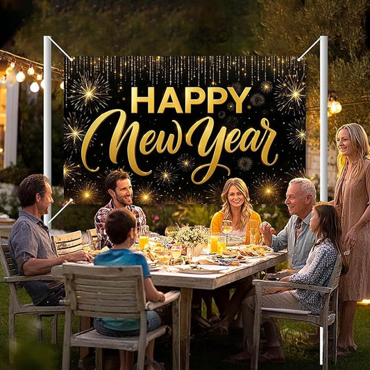 Happy New Year Backdrop Black and Gold Fireworks Banner Glitter Photography Background 71x43 Inches Indoor Outdoor Party Decoration New Year Eve Celebration Supplies