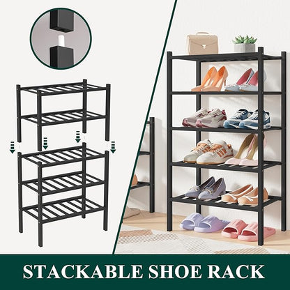 Smiry Bamboo Shoe Rack for Closet, 6 Tier Small Wooden Stackable Shoe Organizer, Free Standing Shoes Storage Shelf for Entryway, Front Door Entrance, Black