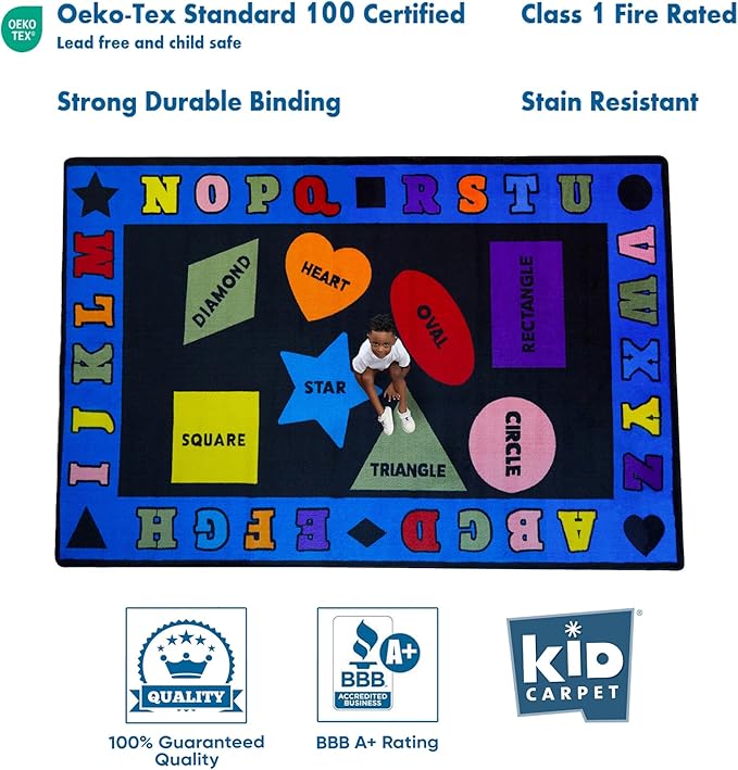 Shapes with The Alphabet Classroom Rug 7'6" x 12' Rectangle, Educational Classroom Rug, Kids Learning Play Mat | Area Rug for Bedroom or Playroom