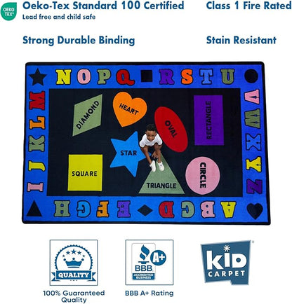 Shapes with The Alphabet Classroom Rug 7'6" x 12' Rectangle, Educational Classroom Rug, Kids Learning Play Mat | Area Rug for Bedroom or Playroom