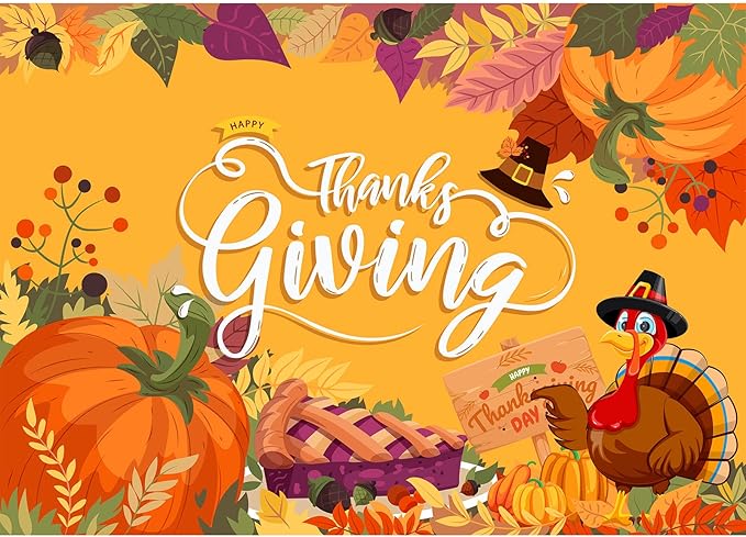 Thanksgiving Backdrop, 84" x 60" Orange Polyester Thanksgiving Banner with Pumpkin, Maple Leaf & Turkey Design, Great for Photo Booth, Wall Decor, Party Supplies