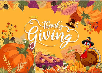 Thanksgiving Backdrop, 84" x 60" Orange Polyester Thanksgiving Banner with Pumpkin, Maple Leaf & Turkey Design, Great for Photo Booth, Wall Decor, Party Supplies