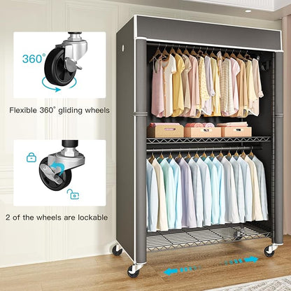 Black Clothing Rack with Dark Gray Cover, P1C Plus Rolling Closet with Wheels, Metal Garment Rack for Hanging Clothes, Clothing Storage Wardrobe, 46" W x 18.5" D x 80.7" H, Load 524 Pounds