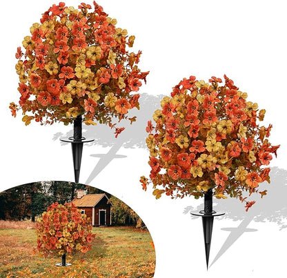 23" Set of 2 Orange Artificial Boxwood Topiary Flowers Ball with Spikes for Outdoor Fall Decorations, Faux Greenery Shrubs,Fake Bushes Plants for Garden, Yard, Front Porch（Orange）