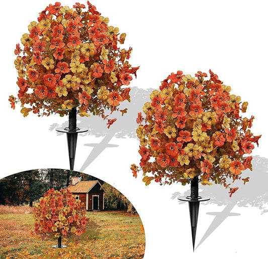 23" Set of 2 Orange Artificial Boxwood Topiary Flowers Ball with Spikes for Outdoor Fall Decorations, Faux Greenery Shrubs,Fake Bushes Plants for Garden, Yard, Front Porch（Orange）