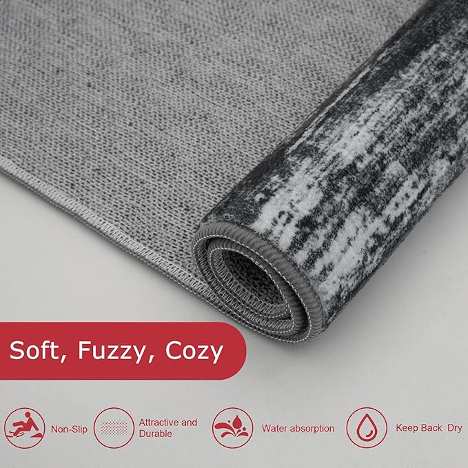 KOZYFLY Modern Abstract Washable Rug Runner 2.6x18 Hallway Rug Runner Non-Slip Soft Kitchen Runner Rugs, Black Navy Blue Grey Striped Carpet for Entryway Bathroom Laundry Room Foyer