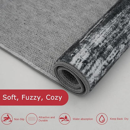 KOZYFLY Modern Abstract Washable Rug Runner 2.6x18 Hallway Rug Runner Non-Slip Soft Kitchen Runner Rugs, Black Navy Blue Grey Striped Carpet for Entryway Bathroom Laundry Room Foyer