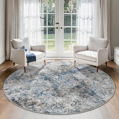 5ft Round Area Rug for Living Room- 5x5 Washable Neutral Abstract Rug for Bedroom Modern Soft Dining Room Rug No Slip Low Pile Carpet for Nursery Home Office Decor - Grey/Blue