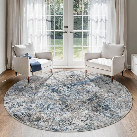5ft Round Area Rug for Living Room- 5x5 Washable Neutral Abstract Rug for Bedroom Modern Soft Dining Room Rug No Slip Low Pile Carpet for Nursery Home Office Decor - Grey/Blue