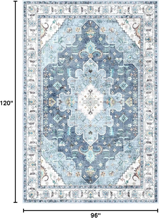 SERISSA Boho 8x10 Area Rugs Blue, Washable Vintage Large Living Room Rug Non-Slip, Ultra Soft Oriental Print Distressed Traditional Farmhouse Carpet for Dining Room Bedroom Dorm Office Home Decor