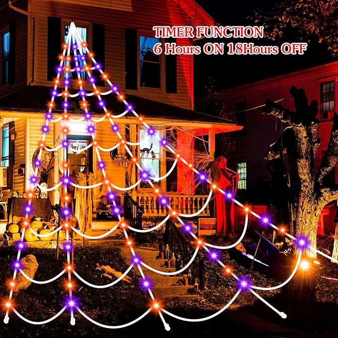 Halloween Decorations Spider Webs Lights: 150 Purple & Orange LED Halloween Lights Decor Outdoor, 17.4Ft Giant Spiderweb with 8 Lighting Modes Waterproof & Timer, Yard Spider Web Decoration