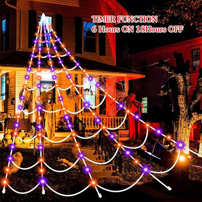 Halloween Decorations Spider Webs Lights: 150 Purple & Orange LED Halloween Lights Decor Outdoor, 17.4Ft Giant Spiderweb with 8 Lighting Modes Waterproof & Timer, Yard Spider Web Decoration