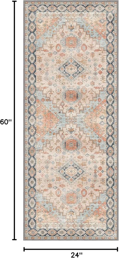 GENIMO 2x5 Washable Runner Rug for Hallway, Vintage Non Slip Low Pile Carpet, Soft Lightweight Printed Rug for Entryway, Kitchen, Corridor & Home Office, Peach Blossom